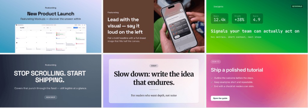 Grid of blog featured image ideas created with FeatureImg templates