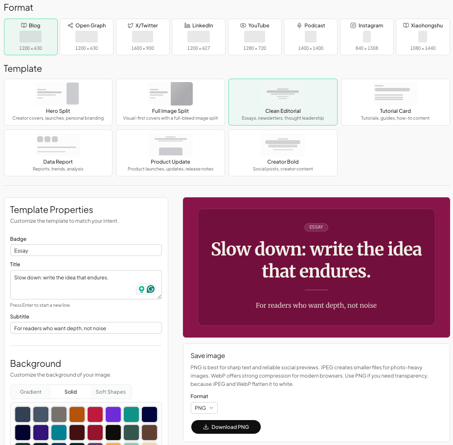 FeatureImg editor showing the Blog Featured Image format and a 1200 by 630 cover preview
