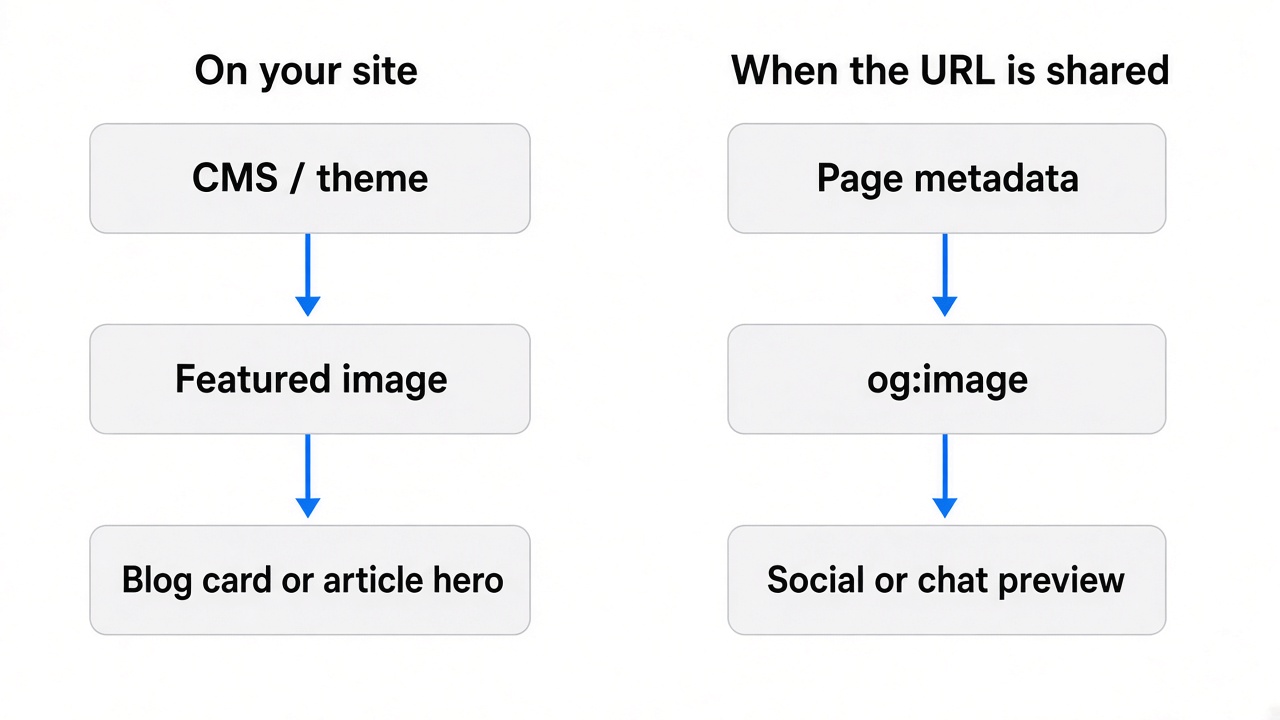 Diagram comparing on-site featured image flow with og:image used for external link previews