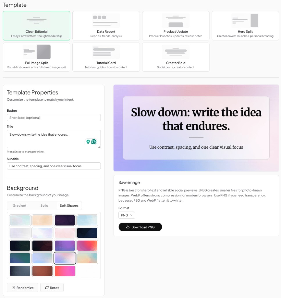 FeatureImg editor showing the LinkedIn Post format and template workflow