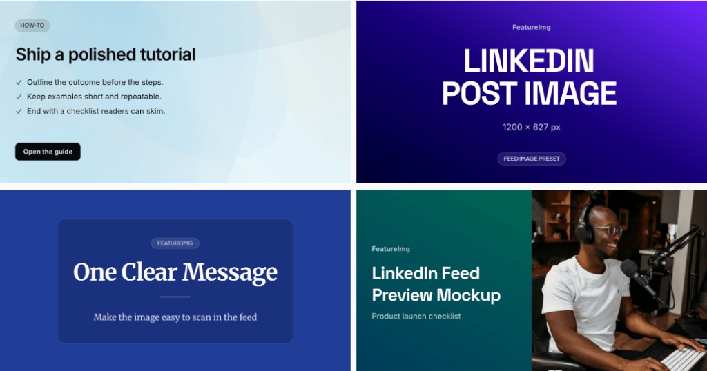Four LinkedIn post image template examples created with FeatureImg