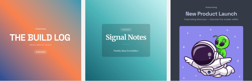 Three podcast cover template examples created with FeatureImg