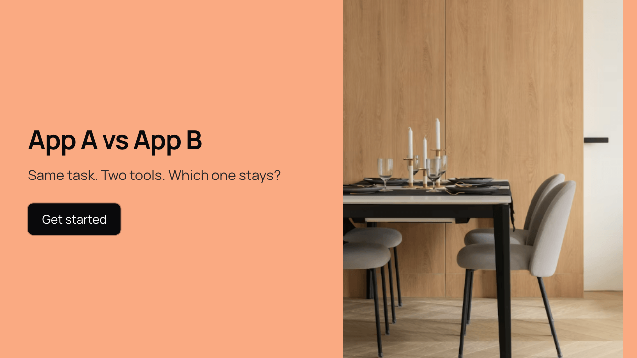 YouTube comparison thumbnail from the Split CTA template with an App A vs App B headline beside a supporting photo