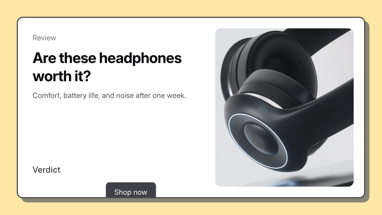 YouTube review thumbnail from the Card Split template with headphones, a review badge, and a short verdict